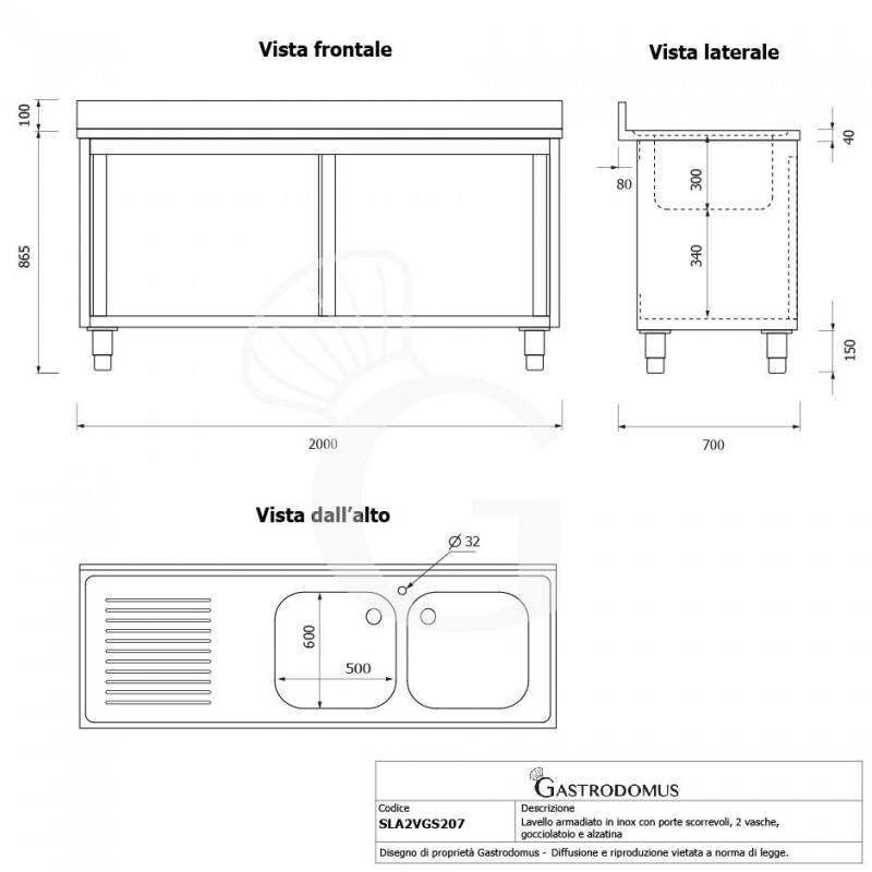 Lavello armadiato con porte scorrevoli,2 vasche,gocciolatoio a sinistra,L 2000 x P 700 x H 965 mm - con foro rubinetto Ø 32 mm