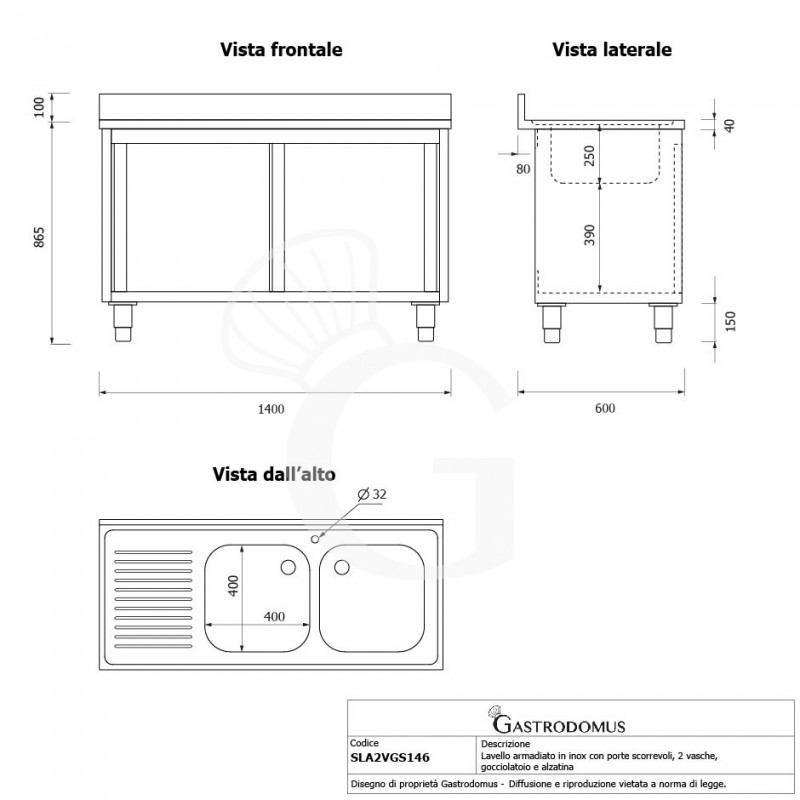 Lavello inox armadiato con porte scorrevoli,2 vasche,gocciolatoio a sinistra,L1400xP600xH965mm - con foro rubinetto Ø 32 mm