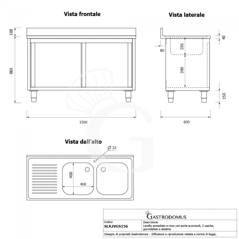 Lavello inox armadiato con porte scorrevoli,2 vasche,gocciolatoio a sinistra,L1500xP600xH965mm - con foro rubinetto Ø 32 mm