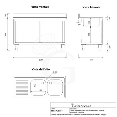 Lavello inox armadiato con porte scorrevoli,2 vasche,gocciolatoio a sinistra,L1500xP600xH965mm - con foro rubinetto Ø 32 mm Lavello inox armadiato con porte scorrevoli,2 vasche,gocciolatoio a sinistra,L1500xP600xH965mm - con foro rubinetto Ø 32 mm