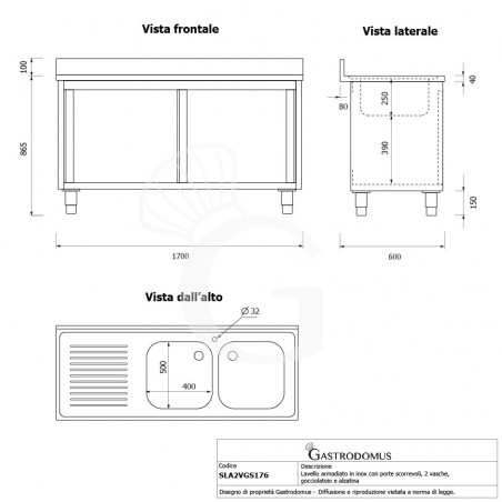 Lavello armadiato con porte scorrevoli,2 vasche,gocciolatoio a sinistra,L 1700 x P 600 x H 965 mm - con foro rubinetto Ø 32 mm Lavello armadiato con porte scorrevoli,2 vasche,gocciolatoio a sinistra,L 1700 x P 600 x H 965 mm - con foro rubinetto Ø 32 mm
