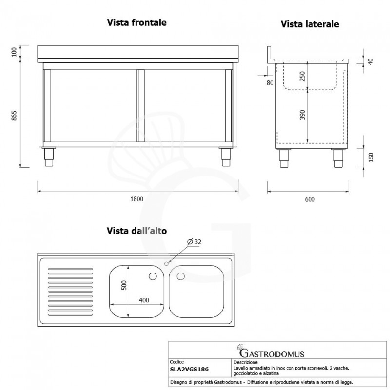 Lavello armadiato con porte scorrevoli,2 vasche,gocciolatoio a sinistra,L 1800 x P 600 x H 965 mm - con foro rubinetto Ø 32 mm