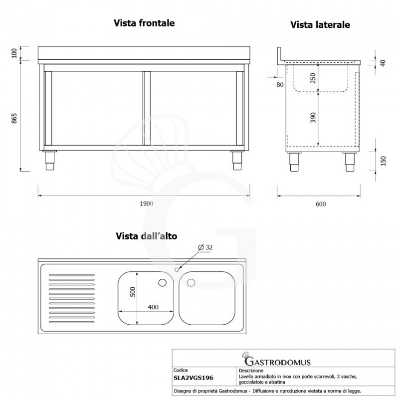 Lavello armadiato con porte scorrevoli,2 vasche,gocciolatoio a sinistra,L 1900 x P 600 x H 965 mm - con foro rubinetto Ø 32 mm