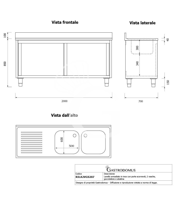 Lavello armadiato con porte scorrevoli,2 vasche,gocciolatoio a sinistra,L 2000 x P 700 x H 950 mm
