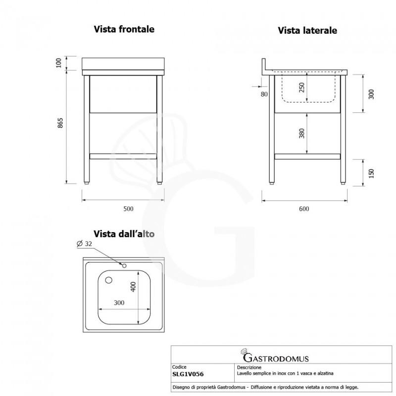 Lavandino semplice in acciaio inox, 1 ripiano, alzatina, 1 vasca, L 500 x P 600 x H 965 mm - con foro rubinetto Ø 32 mm