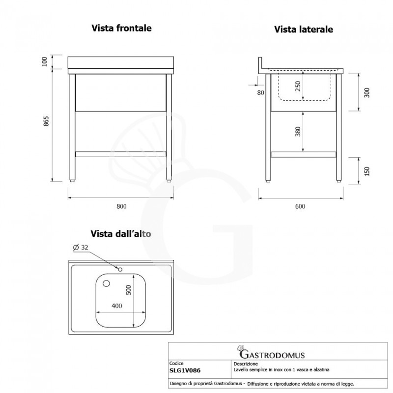 Lavandino semplice in acciaio inox, 1 ripiano, alzatina, 1 vasca, L 800 x P 600 x H 965mm - con foro rubinetto Ø 32 mm