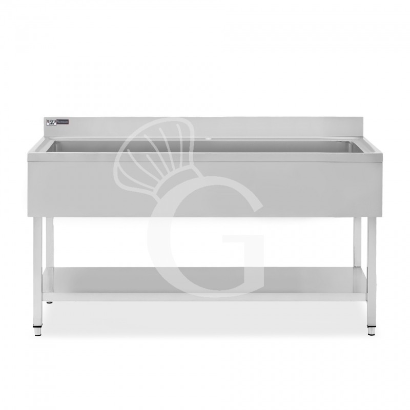 Lavapentole semplice in acciaio inox, 1 ripiano, alzatina, 1 vasca, L 1800 x P 700 x H 965 mm - con foro rubinetto Ø 32 mm Lavapentole semplice in acciaio inox, 1 ripiano, alzatina, 1 vasca, L 1800 x P 700 x H 965 mm - con foro rubinetto Ø 32 mm
