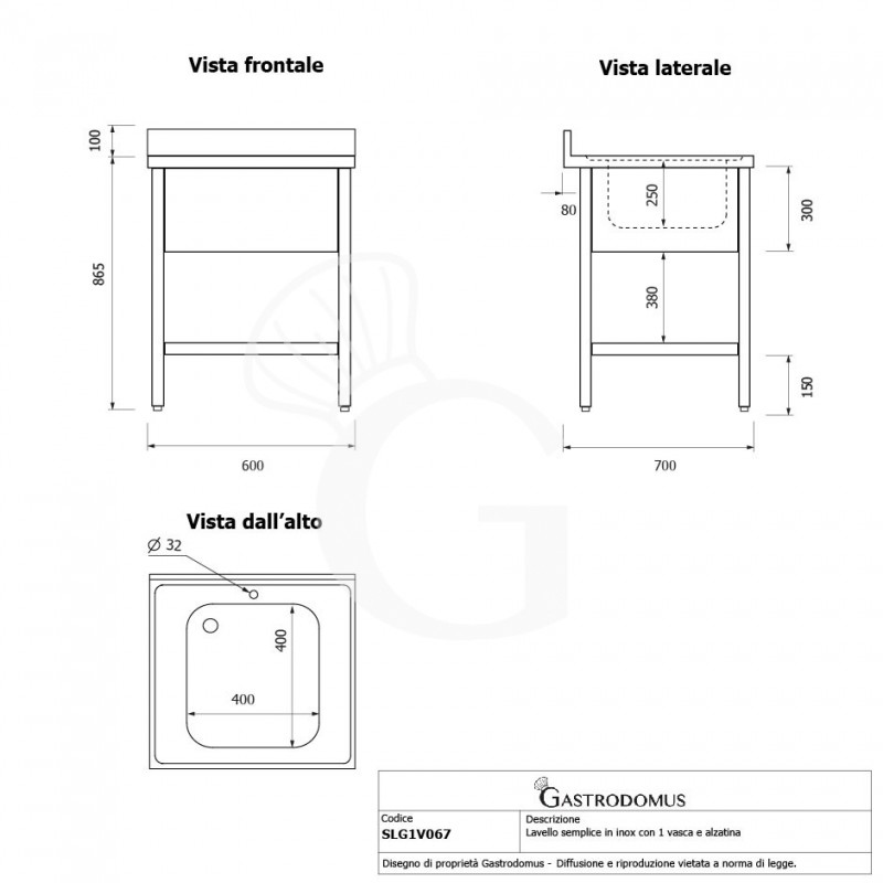 Lavandino semplice in acciaio inox, 1 ripiano, alzatina, 1 vasca, L 600 x P 700 x H 965 mm - con foro rubinetto Ø 32 mm