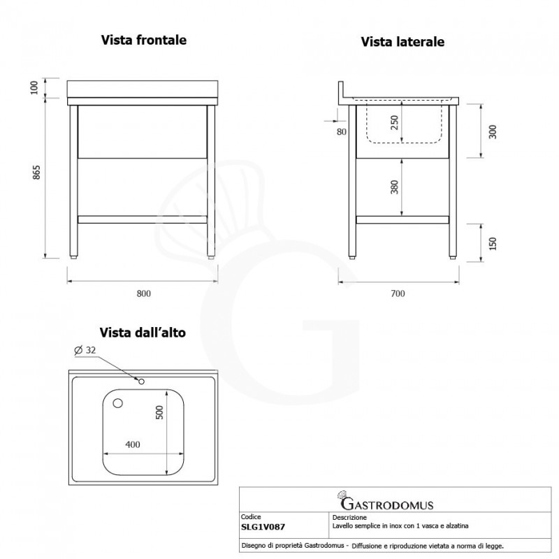 Lavandino semplice in acciaio inox, 1 ripiano, alzatina, 1 vasca, L 800 x P 700 x H 965 mm - con foro rubinetto Ø 32 mm
