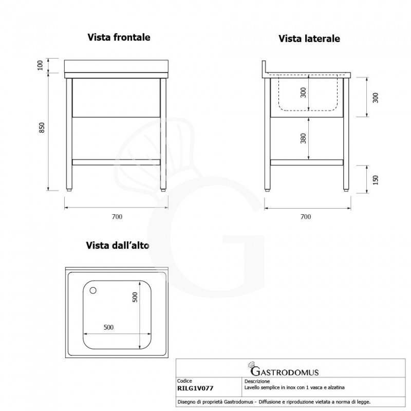 Lavandino semplice in acciaio inox, 1 ripiano, alzatina, 1 vasca, L 700 x P 700 x H 950 mm