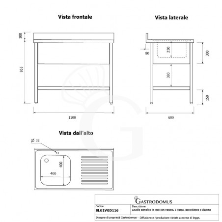 Lavello semplice 1 vasca e gocciolatoio a destra,ripiano,alzatina, L1100xP600xH965mm - con foro rubinetto Ø 32 mm Lavello semplice 1 vasca e gocciolatoio a destra,ripiano,alzatina, L1100xP600xH965mm - con foro rubinetto Ø 32 mm