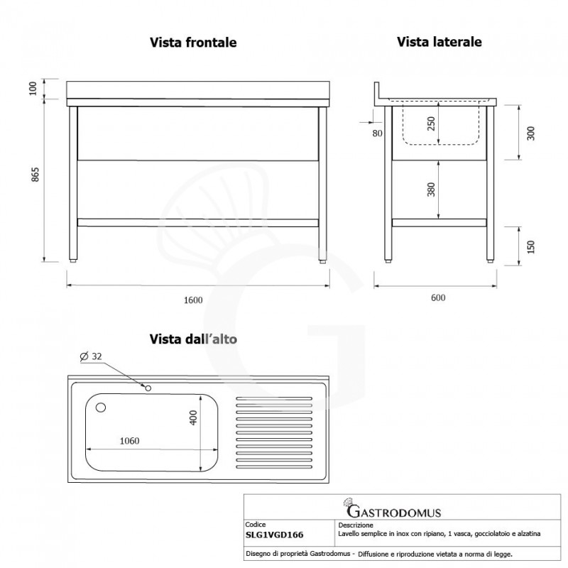 Lavello semplice 1 vasca e gocciolatoio a destra,ripiano,alzatina, L1600xP600xH965mm - con foro rubinetto Ø 32 mm