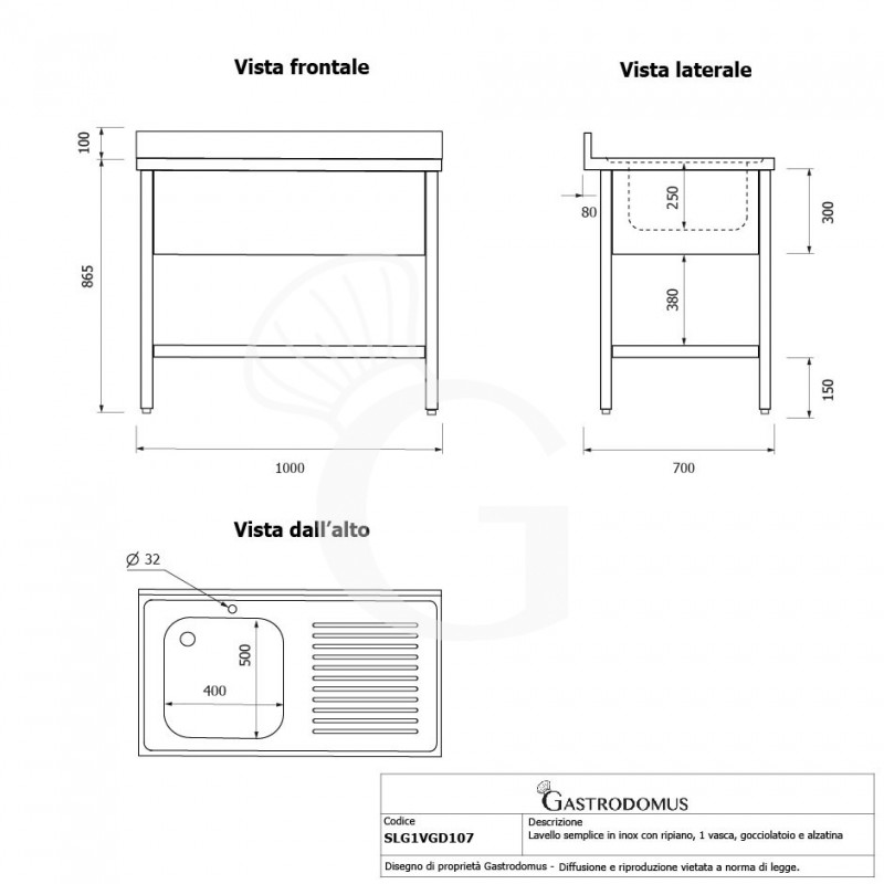 Lavello semplice 1 vasca e gocciolatoio a destra, ripiano, alzatina, L 1000 x P 700 x H 965 mm - con foro rubinetto Ø 35 mm