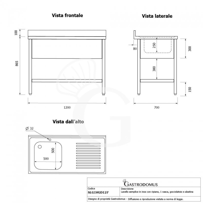 Lavello semplice 1 vasca e gocciolatoio a destra, ripiano, alzatina, L 1200 x P 700 x H 965 mm - con foro rubinetto Ø 32 mm