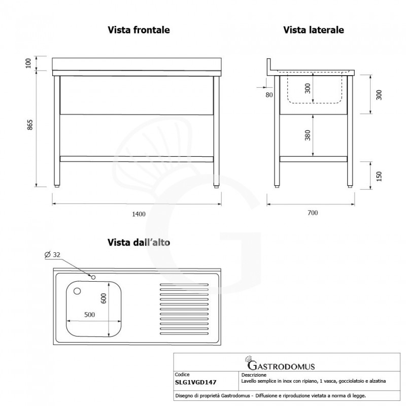 Lavello semplice 1 vasca e gocciolatoio a destra, ripiano, alzatina, L 1400 x P 700 x H 965 mm - con foro rubinetto Ø 32 mm