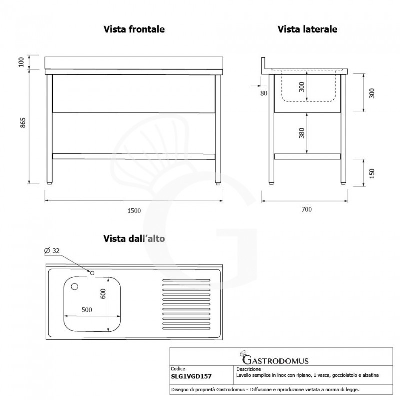 Lavello semplice 1 vasca e gocciolatoio a destra, ripiano, alzatina, L 1500 x P 700 x H 965 mm - con foro rubinetto Ø 32 mm