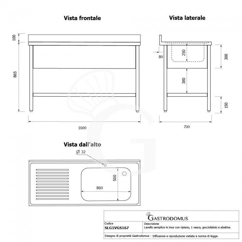 Lavello semplice 1 vasca e gocciolatoio a sinistra,ripiano,alzatina, L1600xP700xH965mm - con foro rubinetto Ø 32 mm