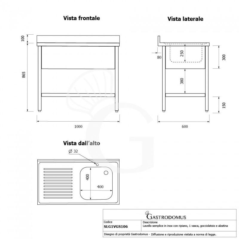Lavello semplice 1 vasca e gocciolatoio a sinistra, ripiano, alzatina, L 1000 x P 600 x H 965 mm - con foro rubinetto Ø 32 mm