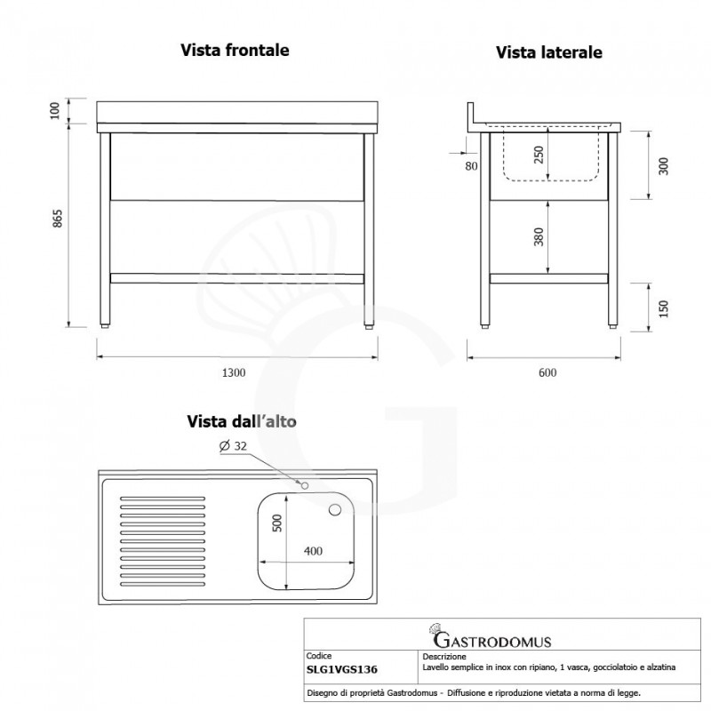 Lavello semplice 1 vasca e gocciolatoio a sinistra,ripiano,alzatina, L1300xP600xH965mm - con foro rubinetto Ø 32 mm