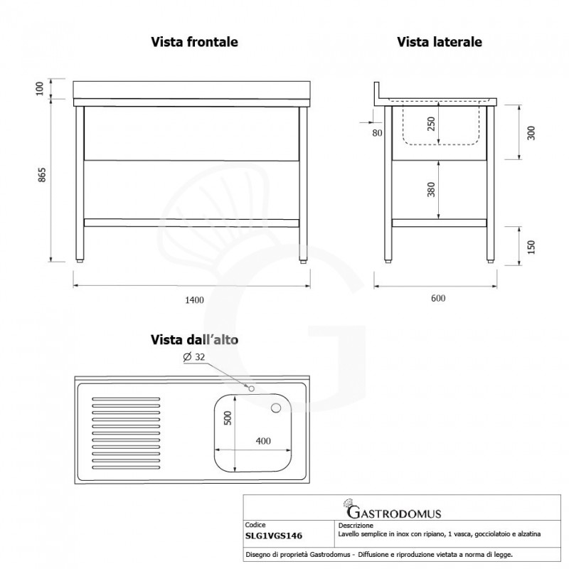 Lavello semplice 1 vasca e gocciolatoio a sinistra,ripiano,alzatina, L1400xP600xH965mm - con foro rubinetto Ø 32 mm