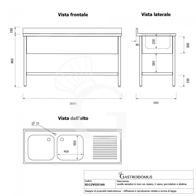 Lavello semplice con alzatina, 1 ripiano, 2 vasche, gocciolatoio a destra, L1600xP600xH965mm - con foro rubinetto Ø 32 mm