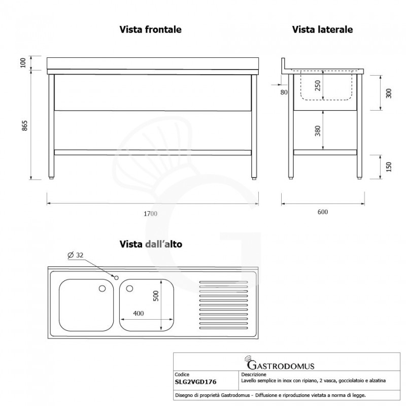 Lavello semplice con alzatina, 1 ripiano, 2 vasche, gocciolatoio a destra, L1700xP600xH965mm - con foro rubinetto Ø 32 mm