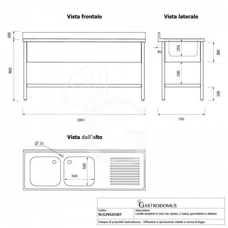 Lavello semplice con alzatina, 1 ripiano, 2 vasche, gocciolatoio a destra, L1800xP700xH965mm - con foro rubinetto Ø 32 mm