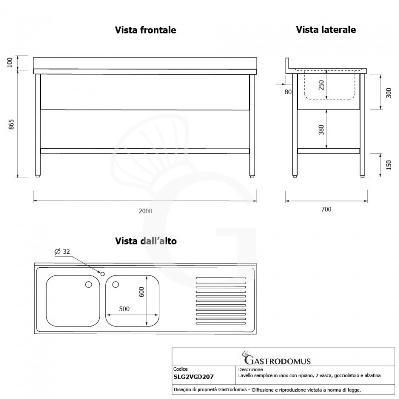 Lavello semplice con alzatina, 1 ripiano, 2 vasche, gocciolatoio a destra, L2000xP700xH965mm - con foro rubinetto Ø 32 mm
