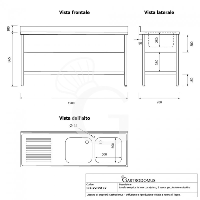 Lavello semplice con alzatina, 1 ripiano, 2 vasche, gocciolatoio a sinistra, L1900xP700xH965mm - con foro rubinetto Ø 32 mm