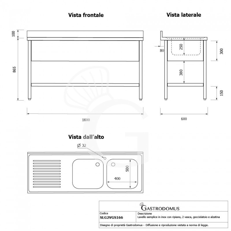 Lavello semplice con alzatina, 1 ripiano, 2 vasche, gocciolatoio a sinistra, L1600xP600xH965mm - con foro  rubinetto Ø 32 mm