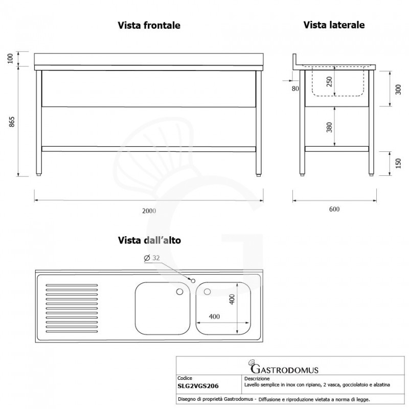 Lavello semplice con alzatina, 1 ripiano, 2 vasche, gocciolatoio a sinistra, L2000xP600xH965mm - con foro rubinetto Ø 32 mm