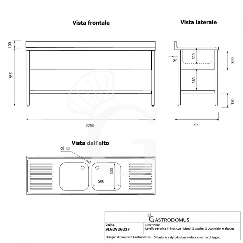 Lavello semplice con alzatina, 1 ripiano, 2 vasche, 2 gocciolatoi, L2200xP700xH965mm - con foro rubinetto Ø 32 mm