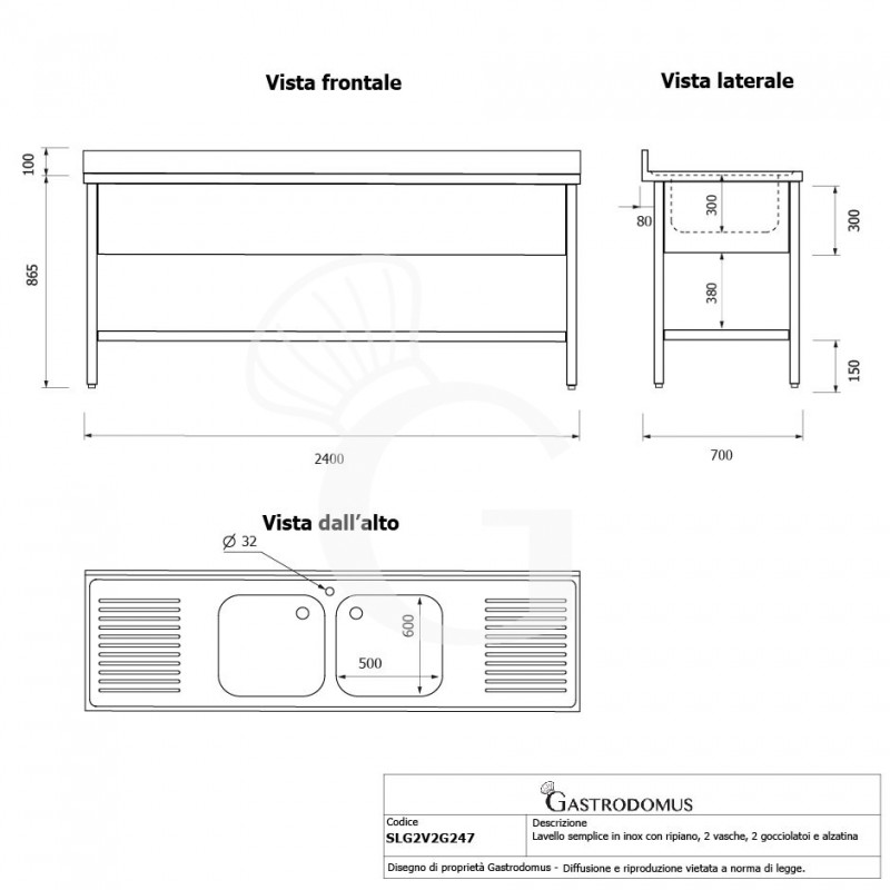 Lavello semplice con alzatina, 1 ripiano, 2 vasche, 2 gocciolatoi, L2400xP700xH965mm - con foro rubinetto Ø 32 mm
