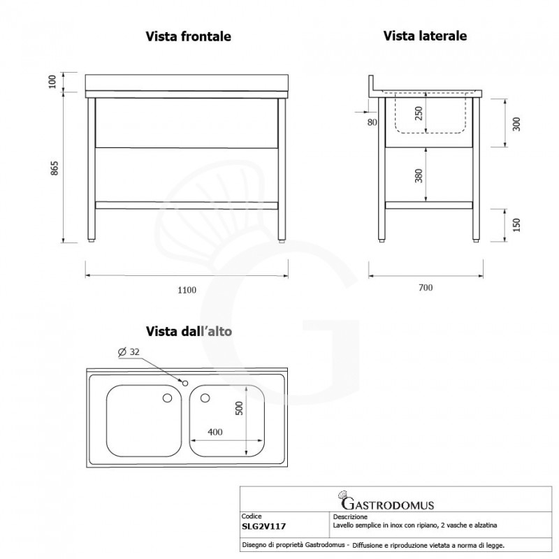 Lavello semplice in acciaio inox, 1 ripiano, alzatina, 2 vasche, L 1100 x P 700 x H 965 mm - con foro rubinetto Ø 35 mm