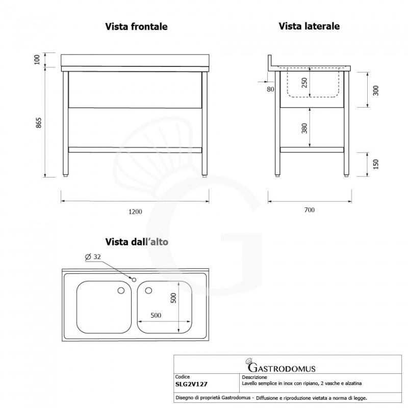 Lavello semplice in acciaio inox, 1 ripiano, alzatina, 2 vasche, L 1200 x P 700 x H 965 mm - con foro rubinetto Ø 32 mm