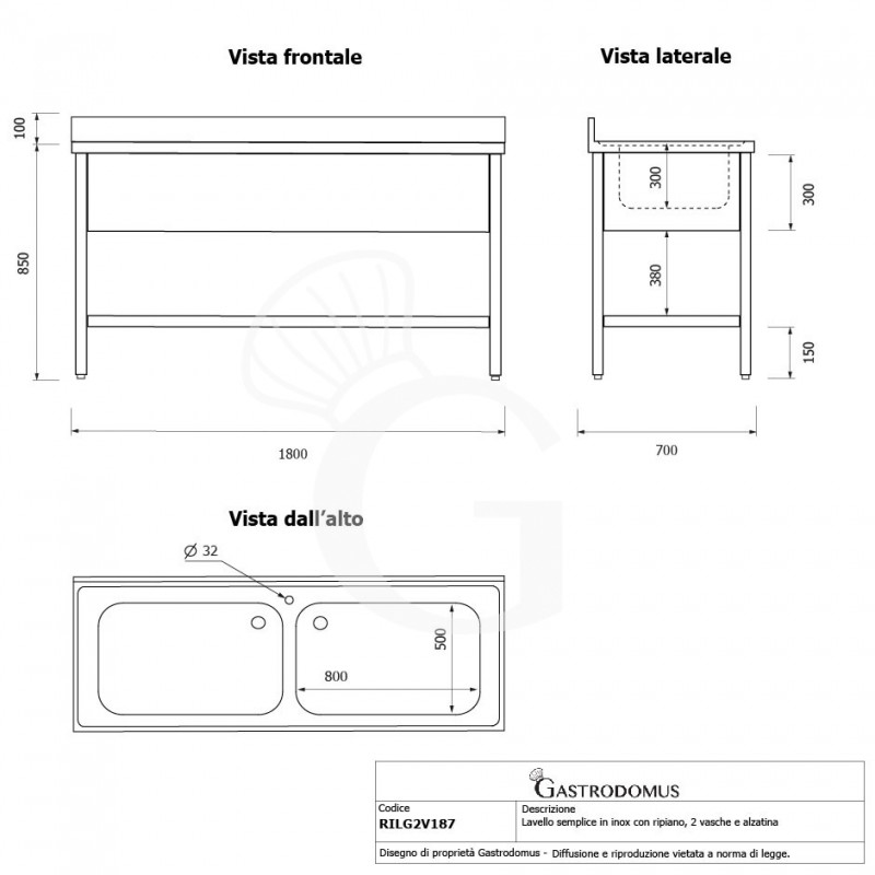 Lavapentole semplice in acciaio inox,1 ripiano,alzatina,2 vasche L1800xP700xH950mm