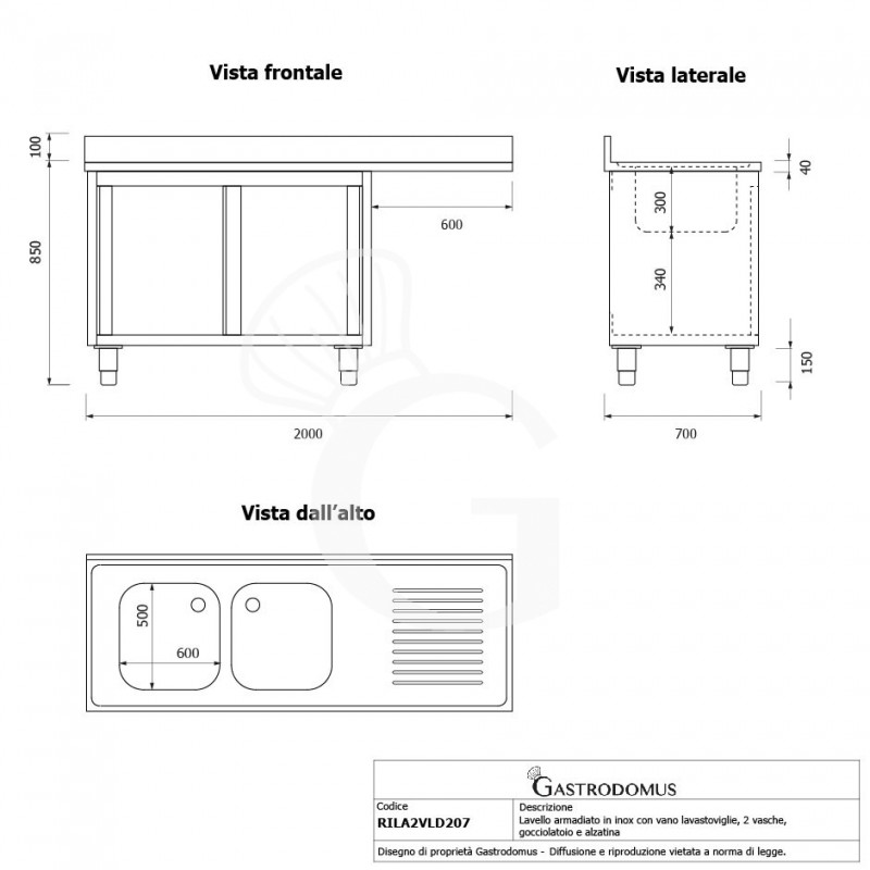 Lavello armadiato vano lavastoviglie,2 vasche,gocciolatoio destra,L2000xP700xH950mm