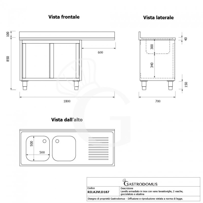 Lavello armadiato vano lavastoviglie,2 vasche,gocciolatoio destra,L1800xP700xH950mm