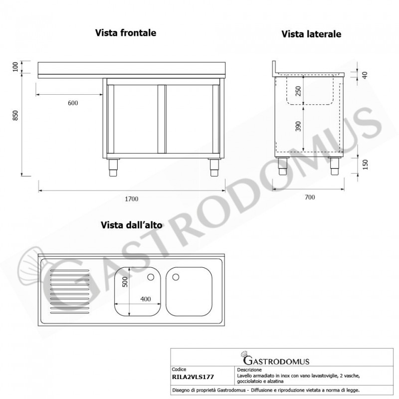 Lavello armadiato vano lavastoviglie,2 vasche,gocciolatoio sinistra,L1700xP700xH950mm