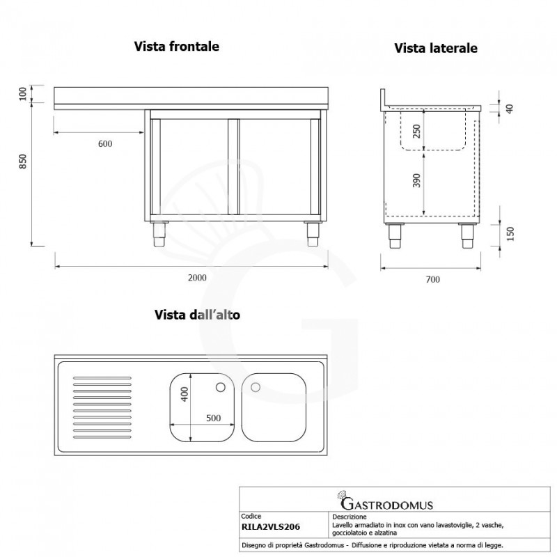 Lavello armadiato vano lavastoviglie,2 vasche,gocciolatoio sinistra,L2000xP600xH950mm
