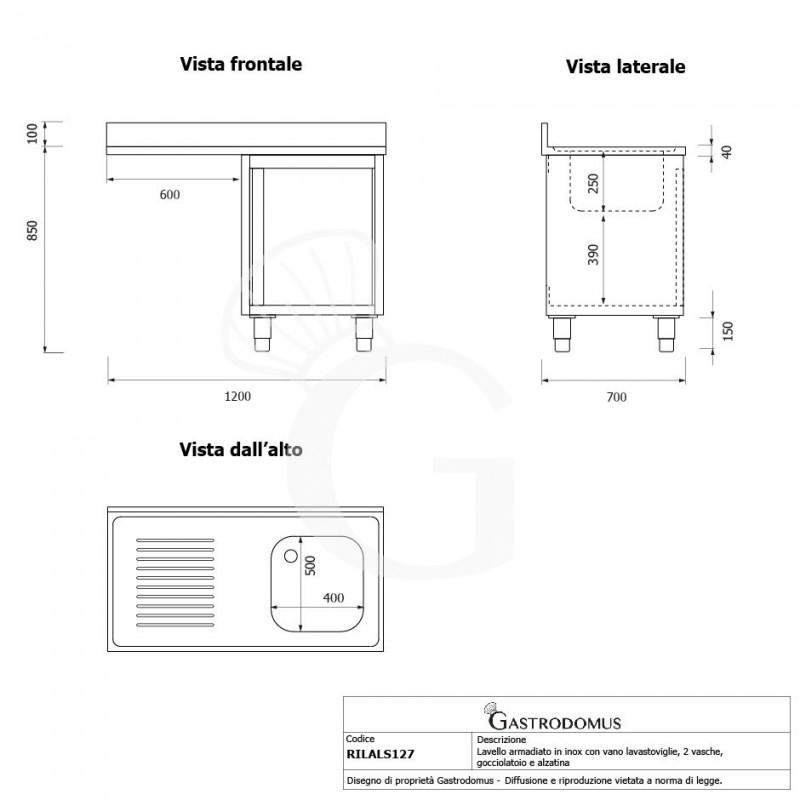 Lavello armadiato vano lavastoviglie,1 vasca,gocciolatoio sinistra,L1200xP700xH950mm