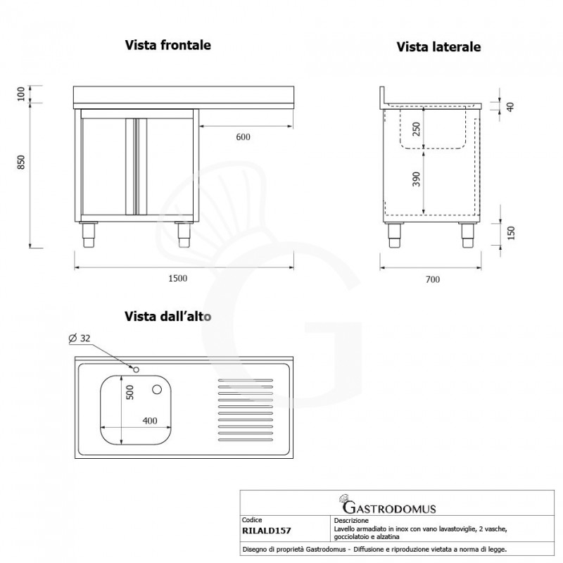 Lavello armadiato vano lavastoviglie,1 vasca,gocciolatoio destra,L1500xP700xH950mm