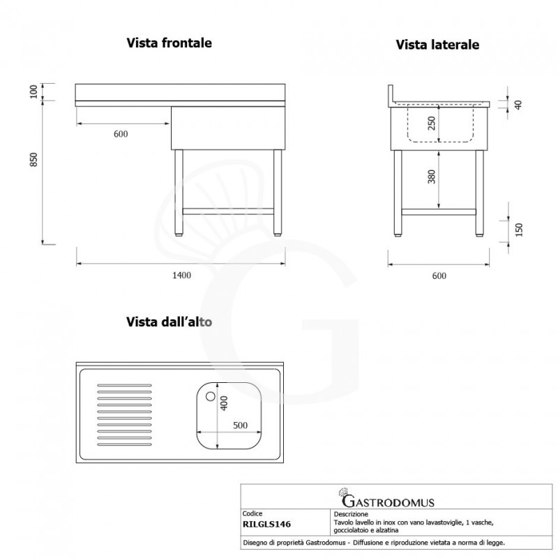 Lavello con vano lavastoviglie,gocciolatoio a sinistra,1 vasca,L1400xP600xH950mm