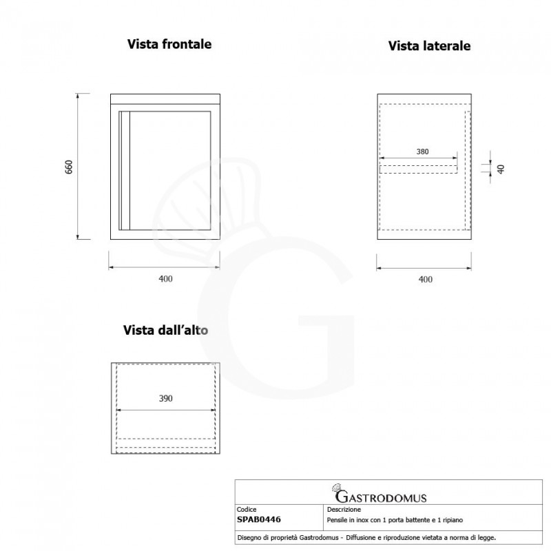 Pensile inox con 1 porta battente, 1 ripiano, L 400 x P 400 x H 660 mm