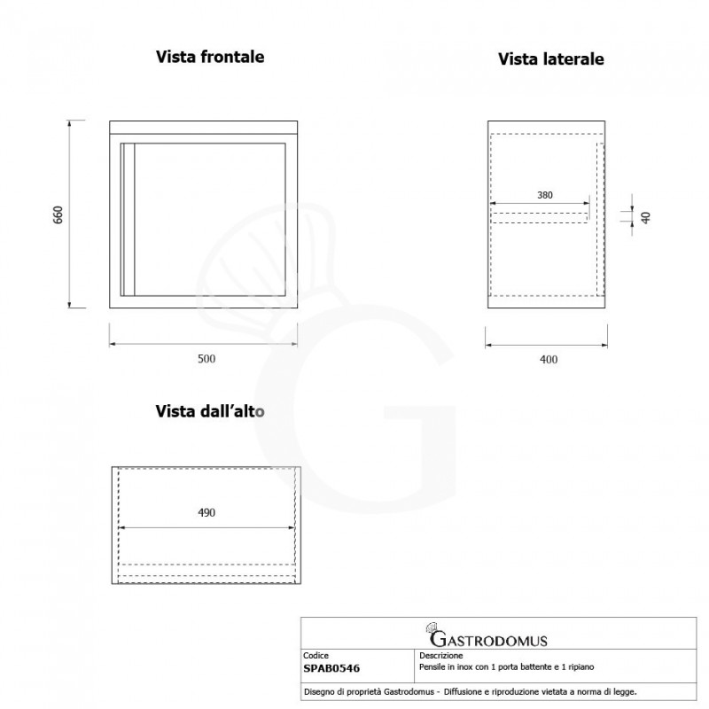 Pensile inox con 1 porta battente, 1 ripiano, L 500 x P 400 x H 660 mm