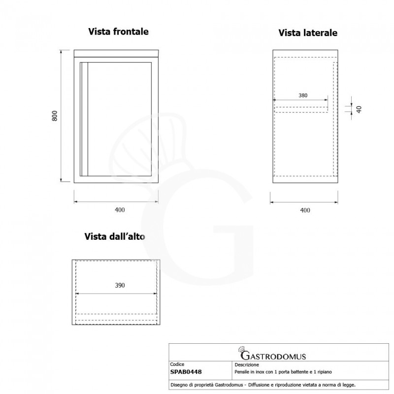 Pensile inox con 1 porta battente, 1 ripiano, L 400 x P 400 x H 800 mm