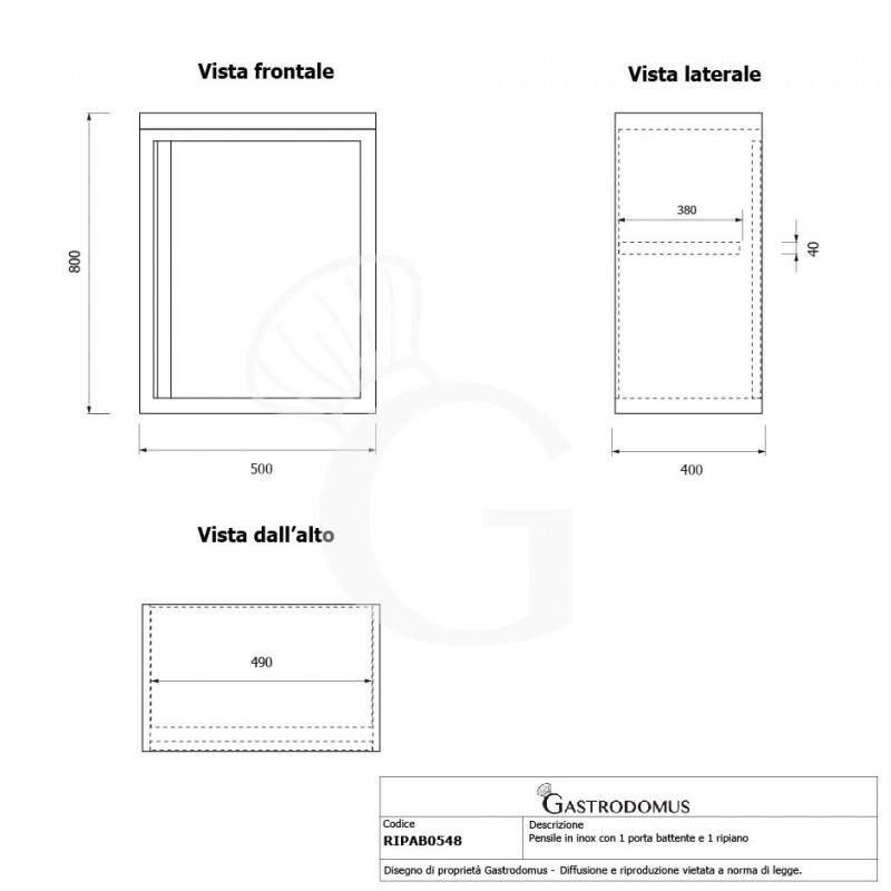 Pensile inox con 1 porta battente, 1 ripiano, L 500 x P 400 x H 800 mm