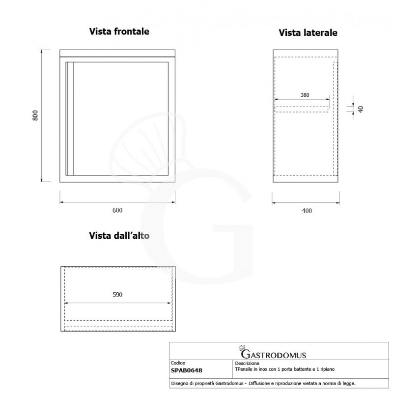 Pensile inox con 1 porta battente, 1 ripiano, L 600 x P 400 x H 800 mm
