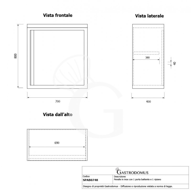 Pensile inox con 1 porta battente, 1 ripiano, L 700 x P 400 x H 800 mm