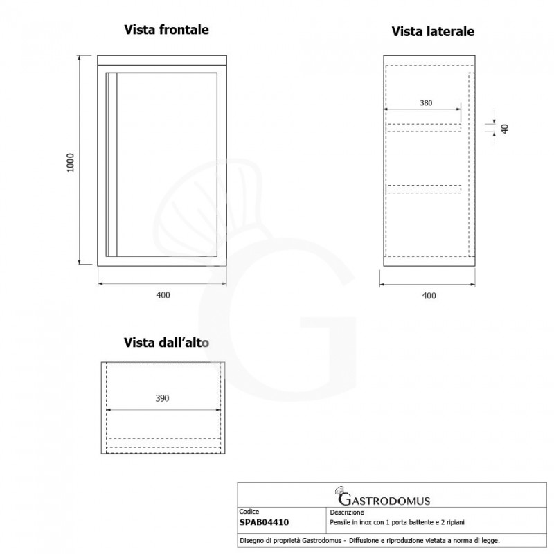Pensile inox con 1 porta battente, 2 ripiani, L 400 x P 400 x H 1000 mm